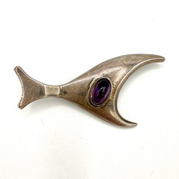 Sigi Pineda Taxco Abstract Fish Brooch Modern Sterling Silver Amethyst Vintage - Picture 12 of 13